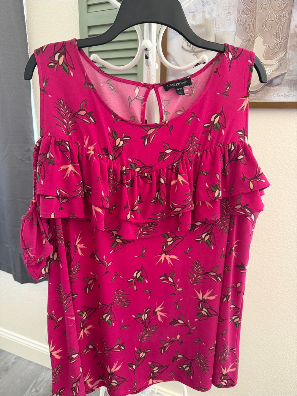 Lane Bryant Hot Pink Floral Ruffle cold shoulder top